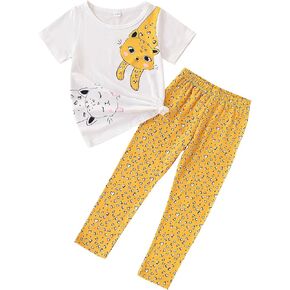 4-8T Toddler Girl Clothes Cat face print Short Sleeve Top+Pants Outfits Girl Spring and summer 2-Piece Set