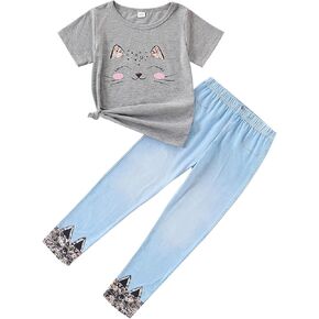 4-8T طفل فتاة الملابس فتاة القطة الوجه طباعة الأكمام قصيرة أعلى+السراويل ملابس الفتاة الربيع والصيف 2 قطعة مجموعة in Kuwait