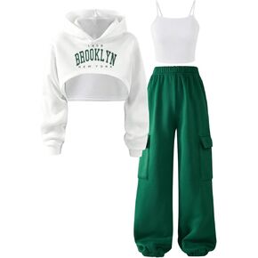 WDIRARA Girl's 3 Piece Outfits Letter Graphic Hoodie Crop Cami Top Cargo Pants Set