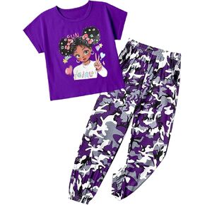 mksodop Girls Clothes 2Piece,Teen Girls clothes Fashion Printed T-Shirt and Camouflage Pants Girls Outfits Set