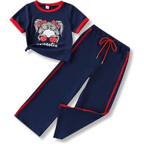 Size 6-12 Years Girls Clothing Sets Short Sleeve Tops & Sweatpants Lounge Set Sweatsuits With Pocket