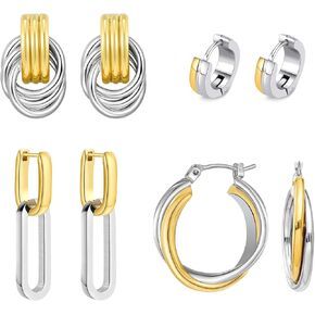Two Tone Drop Dangle Earrings - Gold Silver Plated Hoop Huggie Earrings for Women - Trendy Jewelry
