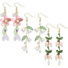 NEWITIN 3 Pairs Long Flower Earrings for Women Hypoallergenic Earring Leaf Floral Tassel Earring Statement Flower Dangle Pink Floral Earrings for Women