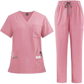 Scrubs for Women Set Casual Solid Medical Uniform Stretch V-Neck Scrub Top & Jogger Pant with Pockets
