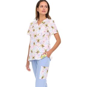 مجموعة الدعك النسائية-2 قطعة Spongebob v-neck قميص وسروال العمل الطبي للنساء (الأحجام: S-XL)