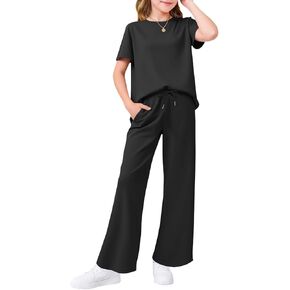 Haloumoning Girls 2 Piece Outfits Kids Fashion Short Sleeve T Shirts Wide Leg Pants Clothing Sets 5-14 Years