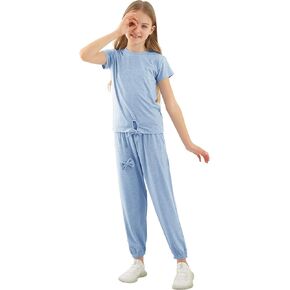 Girls pant Sets Stylish 2 Piece Outfits Short Sleeve Sweatshirt and Jogger Pants with Pockets for Kids in Kuwait