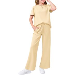 Haloumoning Girls 2 Piece Outfits Kids Fashion Short Sleeve T Shirts Wide Leg Pants Clothing Sets 5-14 Years in Kuwait