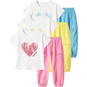 Girls 6 Piece Outfits Casual Cargo Jogger Pants and Basic Love Graphic Print Short Sleeve Top Set 4-12 Years
