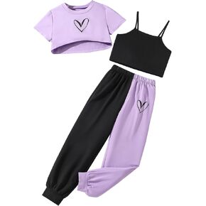 Girls' Summer 3 Pieces Outfits Graphic Crop Top and Camisole with Sweatpants Set