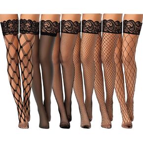 Janmercy 6 Pairs Fishnet Thigh High Stocking Silicone Lace Top Sheer Pantyhose Over Knee Stocking Silky Stockings for Women