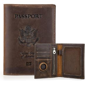 Full Grain Leather Airtag Passport Holder RFID Blocking Travel Passport Wallet Slim Passport Cover Case with 4 Card Slots, Coin Pocket (Badge, Green)