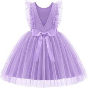 Arshiner Toddler Dress Summer Ruffle Sleeve V-Back Tie Waist Flower Girl Dresses Wedding Tulle Outfit 2-8Y