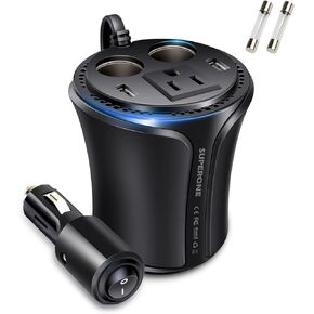 SUPERONE 150W Car Power Inverter DC 12V to 110V 120V Car AC Adapter Inverter 5-in-1 Cup Holder Design Dual USB Car Charger and 2 Car Power Adapter