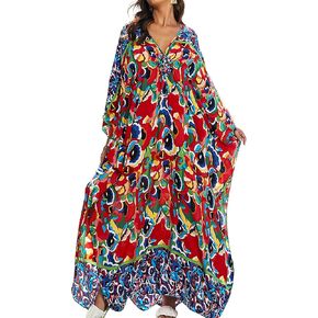 Women Kaftan Dresses Plus Size V-Neck Batwing Sleeves Beach Cover Up 2025 Summer Floral Print Caftan Dress