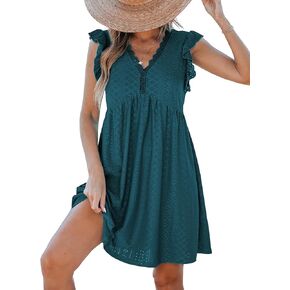 CUPSHE Beach Dress V Neck Cap Flutter Sleeve Lace Hollow Out Pleated Summer Mini Cover Up Dress