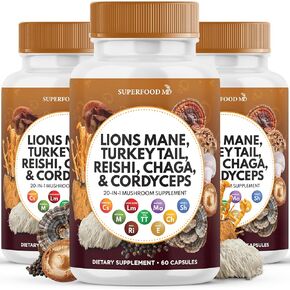 Lions Mane Mushroom Supplement with Turkey Tail Reishi Cordyceps Chaga with Marshmallow Root - 120 Count