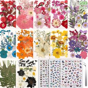 500 PCS Dried Flowers Butterfly Stickers for Crafts Real Natural Pressed Flowers Dry Leaves Kit for DIY Making Crafts Resin Soap Candle Scrapbook Supplies Card Making Jewelry