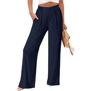 Tophyogas Womens Summer Linen Boho Wide Leg Pants Palazzo Button High Weist Lounge Travel Acdent