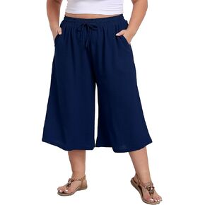Lightback Women's Plus Size Wide Leg Capri Pants Lounge Lounge Culottes Culottes Summer Summer Palazzo مع جيوب