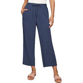 GRAPENT Linen Pants for Women High Waisted Wide Leg Capri Elastic Waist Casual Beach Flowy Cropped Summer Capris Pants