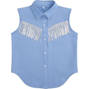 Girls Fringe Shirt Sleeveless Button Down Western Cowgirl Tassel Trim Casual Blouse Shirt Top 4-13Y