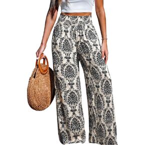 CUPSHE Womens Wide Leg Pants مرنة عالية الخصر سراويل الشاطئ القطن الكتان الصيفي بالازو