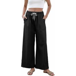 Springrain Womens Baggy Wide Leg Pants Casual Loose Cotton Drawstring Elastic Waisted Palazzo Pants with Pockets