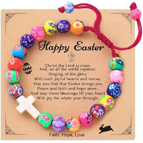 Happy Easter Gifts, Colorful Clay Beads Bracelet Easter Basket Stuffers for Teens Christian Cross Bracelet Easter Gifts for Daughter Granddaughter Niece