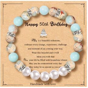 20th 30th 40th 50th 60th 70th Birthday Gifts for Women Teen Girls,Natural Stone Bracelet With Writable Greeting Cards for Friends Mom Sister Grandma Daughter Wife