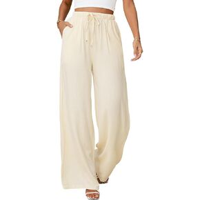 Womens Linen Pants High Waisted Wide Leg Trousers Summer Palazzo Casual Pant Flowy Drawstring Beach Pants