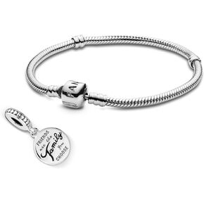 Pandora Jewelry Bundle with Gift Box - Sterling Silver Friends Are Family Dangle Charm & Moments Sterling Silver Snake Chain Charm Bracelet with Barrel Clasp, 7.9" - Gift for Women