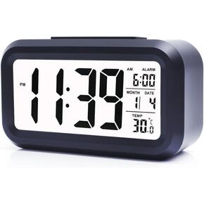 Digital Alarm Clock, Alarm Clock Battery Operated/Night Light/Indoor Temperature, Small Digital Clock with Funny Box (Black)