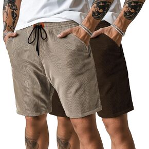 Huukeay 2 Pack Men's Casual Corduroy Shorts with Pockets Drawstring Elastic Waist Summer Lightweight Beach