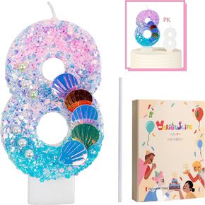 رقم 4 شمعة لكعكة عيد ميلاد الفتاة - 3.2 "زخرفة كبيرة لحاجز حورية البحر مع Ocean Glitter & Shells - Cake Topper للأطفال - حياة مختلفة