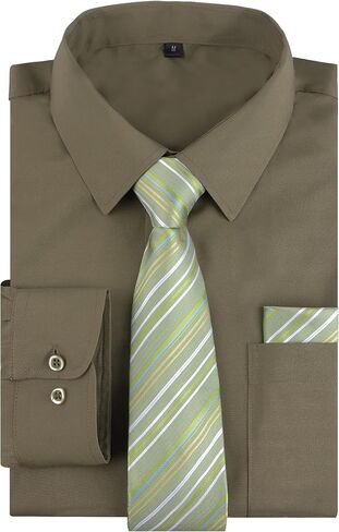 alizeal 3pcs قميص ملابس رجالي مع ربطة عنق جيب مربعة مجموعة كلاسيكية طويلة الأكمام طويلة الأكمام مطابقة زر العنق أسفل القميص in Kuwait