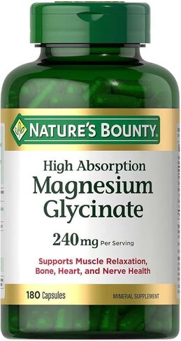 Nature’s Bounty High Absorption Magnesium Glycinate 240 mg for Supporting Muscle Relaxation and Bone, Heart & Nerve Health – Non-GMO, Gluten-Free, Vegetarian, 120 Count/60 Servings in Kuwait