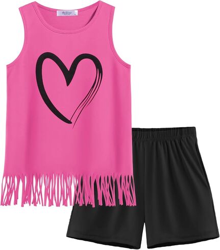 Arshiner Girls Summer Outfits Sleeveless Fringe Tank Top and Elastic Waist Pocketed Shorts Set Girl Clothes 6-14 Years in Saudi Arabia
