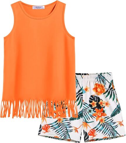 Arshiner Girls Summer Outfits Sleeveless Fringe Tank Top and Elastic Waist Pocketed Shorts Set Girl Clothes 6-14 Years in Saudi Arabia