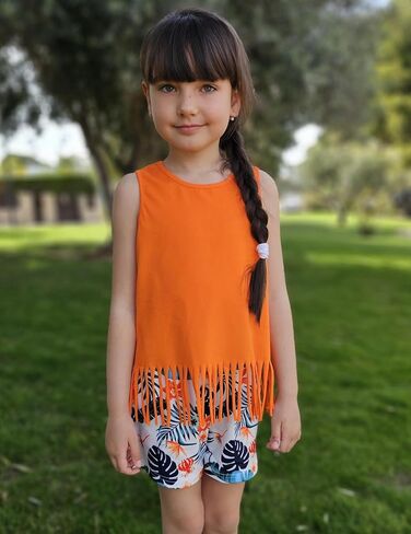 Arshiner Girls Summer Outfits Sleeveless Fringe Tank Top and Elastic Waist Pocketed Shorts Set Girl Clothes 6-14 Years in Saudi Arabia