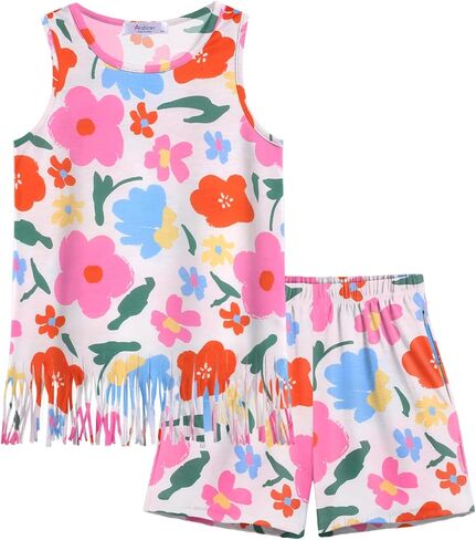 Arshiner Girls Summer Outfits Summeress Fringe Tank Top و Series Peincted Checked Sorts Set Girl Clothes 6-14 Years in Saudi Arabia