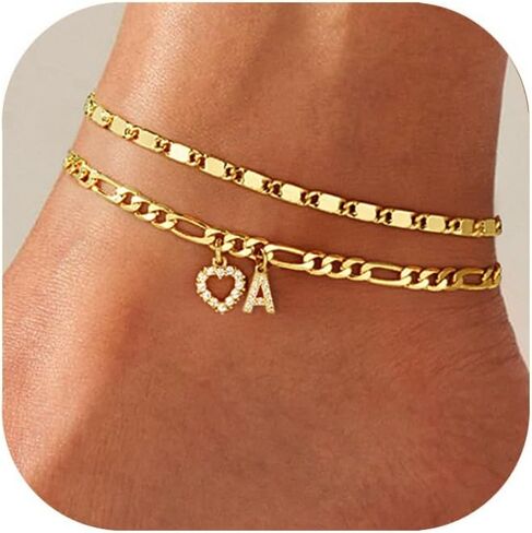 Ankle Bracelets for Women,14K Gold Plated Initial Anklets Dainty Heart Letter Ankle Bracelets Layered Gold Anklets for Women Non Tarnish A to Z Summer Beach Jewelry in Saudi Arabia