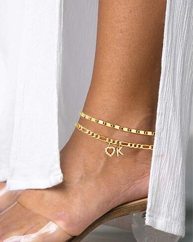 Ankle Bracelets for Women,14K Gold Plated Initial Anklets Dainty Heart Letter Ankle Bracelets Layered Gold Anklets for Women Non Tarnish A to Z Summer Beach Jewelry in Saudi Arabia