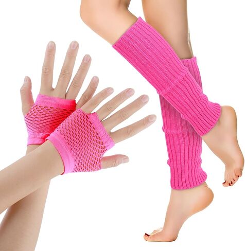 Yolev 2 Pairs Neon Leg Warmers and Fishnet Gloves 80s Fancy Dress Costume Accessories Stretchy Mesh Fingerless Gloves in Kuwait