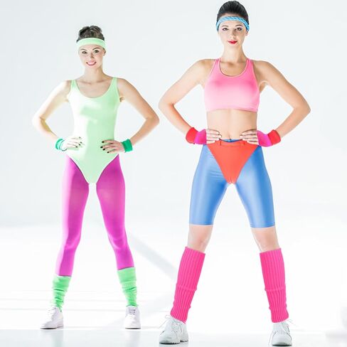 Yolev 2 Pairs Neon Leg Warmers and Fishnet Gloves 80s Fancy Dress Costume Accessories Stretchy Mesh Fingerless Gloves in Kuwait