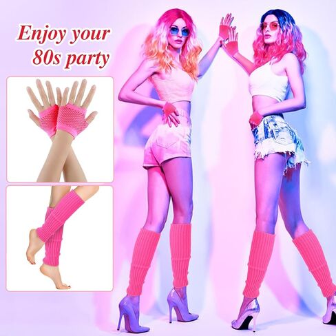 Yolev 2 Pairs Neon Leg Warmers and Fishnet Gloves 80s Fancy Dress Costume Accessories Stretchy Mesh Fingerless Gloves in Kuwait