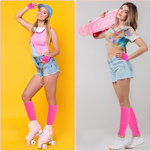 Yolev 2 Pairs Neon Leg Warmers and Fishnet Gloves 80s Fancy Dress Costume Accessories Stretchy Mesh Fingerless Gloves in Kuwait