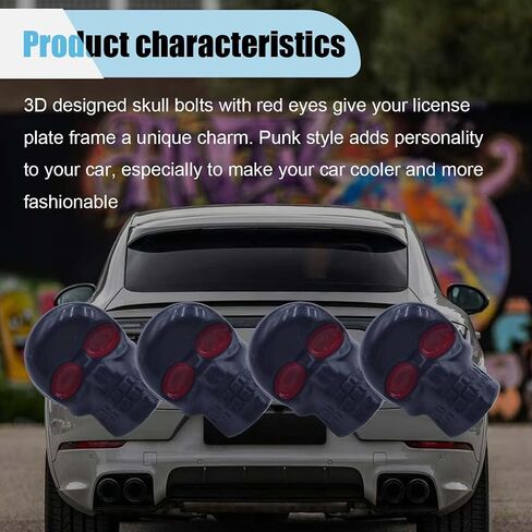 4PCS 3D Skull Car License Plate Screws, Stainless Steel Decorative Bolts, License Plate Frame Screws Replacement Kit, License Plate Fasteners Bolts for Most Motorcycle, Car, Truck (Black) in Kuwait