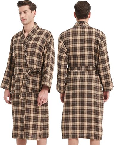 Men's Robe-Polyester Flannel Ultra-Lightweight Bathrobe for Unisex,Scottish Plaid Style Shawl Collar Bathrobe in Kuwait