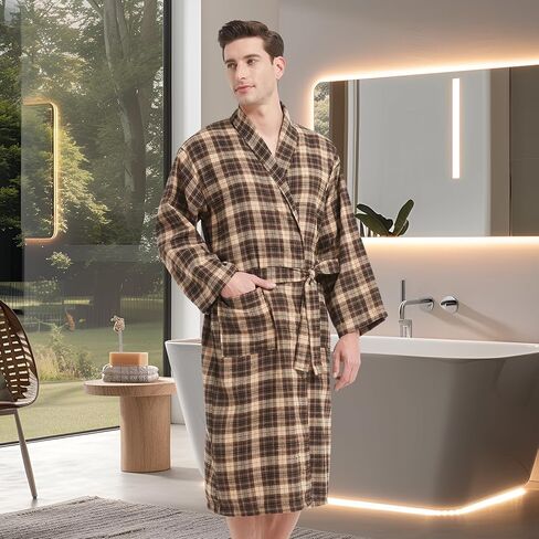 Men's Robe-Polyester Flannel Ultra-Lightweight Bathrobe for Unisex,Scottish Plaid Style Shawl Collar Bathrobe in Kuwait